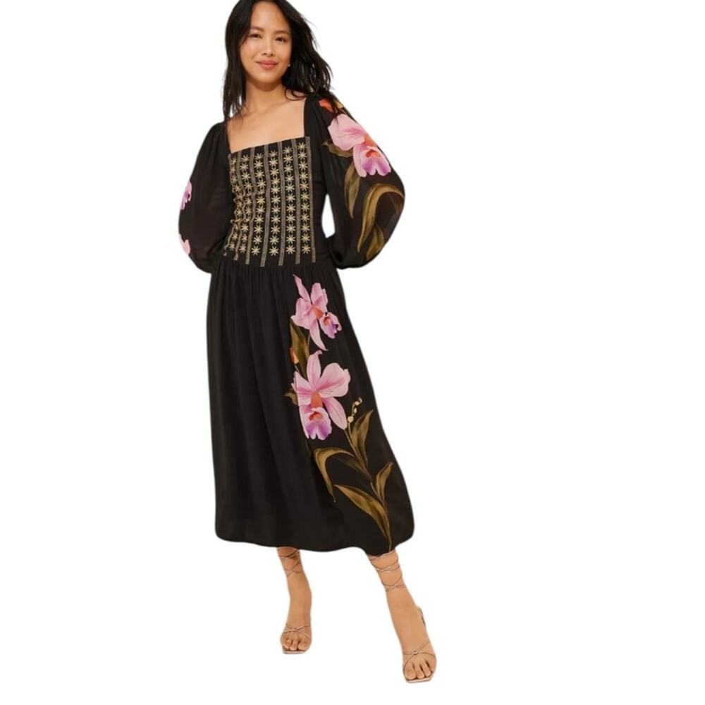 Farm Rio Long Sleeve Midi Dress Square Neck Floral Black‎ Size Medium Tropical